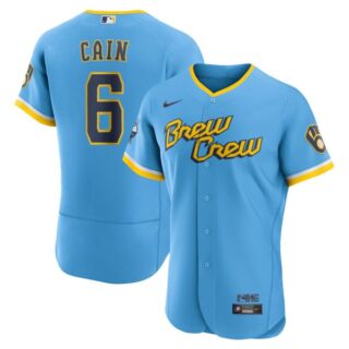 Men's Flex Base Milwaukee Brewers Lorenzo Cain Brew Crew City Connect Powder Blue Stitched Jersey
