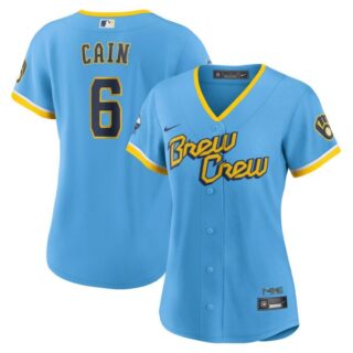 Women's Milwaukee Brewers Lorenzo Cain Brew Crew City Connect Powder Blue Stitched Jersey