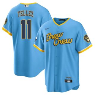 Men's Cool Base Milwaukee Brewers Rowdy Tellez Brew Crew City Connect Powder Blue Stitched Jersey