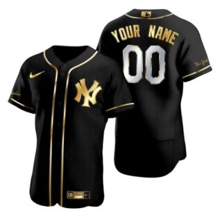 Men's Custom New York Yankees Flex Base Jersey Black Golden