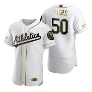Men's #50 Mike Fiers Oakland Athletics Flex Base Jersey White Golden