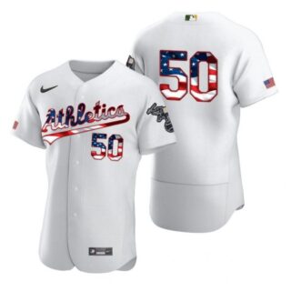 Men's #50 Mike Fiers Oakland Athletics Flex Base Jersey White Stars