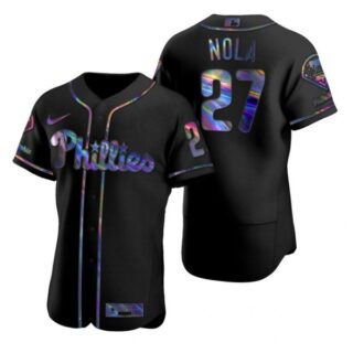 Men's #27 Aaron Nola Philadelphia Phillies Flex Base Jersey Black Holographic