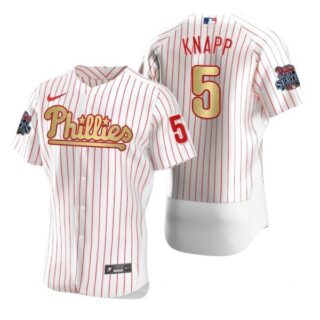 Men's #5 Andrew Knapp Philadelphia Phillies White Gold WS Jersey White Gold WS