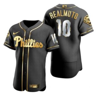 Men's #10 J.T. Realmuto Philadelphia Phillies Flex Base Jersey Black Golden