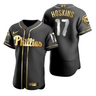Men's #17 Rhys Hoskins Philadelphia Phillies Flex Base Jersey Black Golden