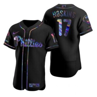 Men's #17 Rhys Hoskins Philadelphia Phillies Flex Base Jersey Black Holographic