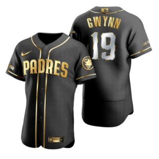 Men's #19 Tony Gwynn San Diego Padres Flex Base Jersey Black Golden