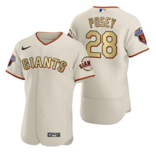 Men's #28 Buster Posey San Francisco Giants Flex Base Jersey Cream Gold WS