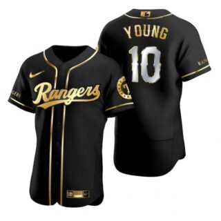 Men's Michael Young Texas Rangers Flex Base Jersey Black Golden Black Golden