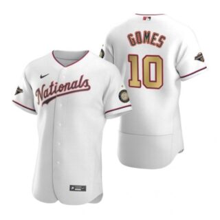 Men's Yan Gome Washington Nationals Flex Base Jersey White Gold World Series Champions White Gold WS